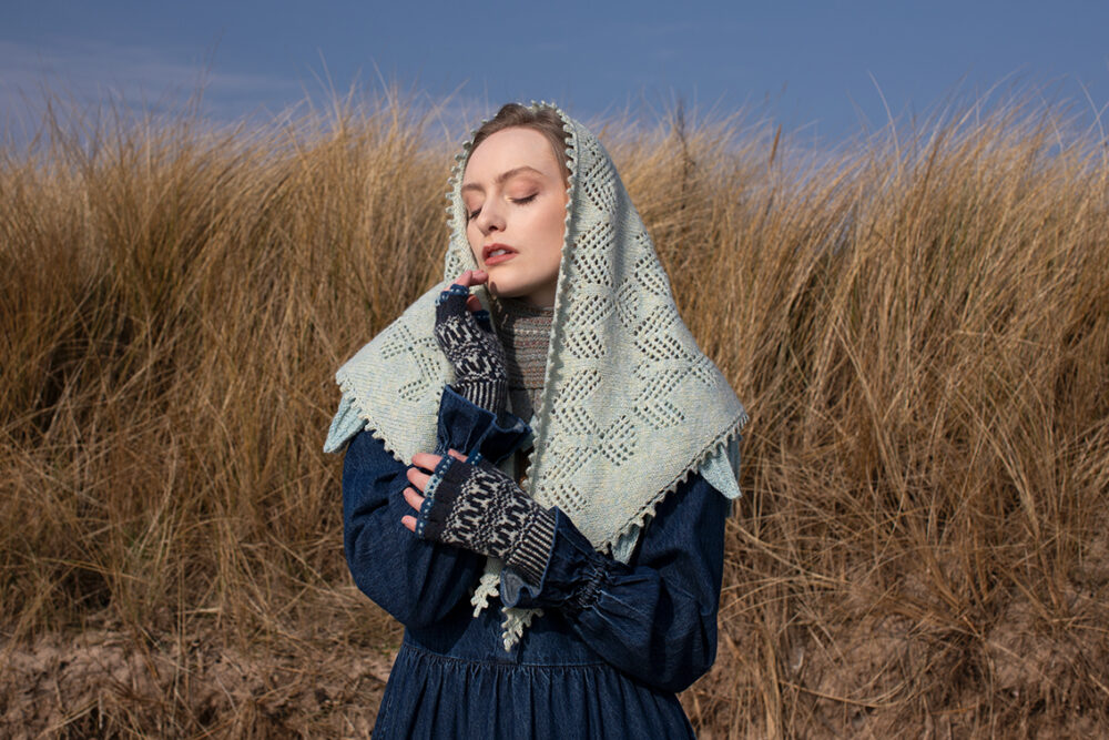 The Sulaire Shawl, Lapwing Collar and Hirta Gloves patterncard kit designs by Alice Starmore in Hebridean 2 Ply yarn