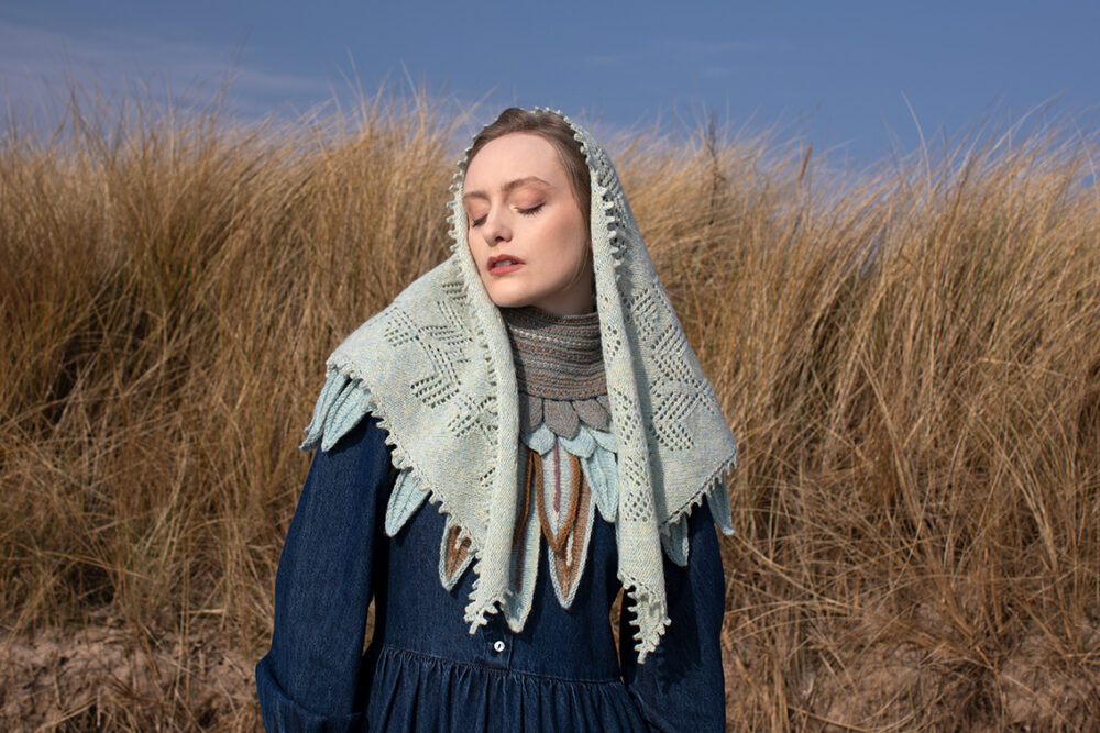The Sulaire Shawl, Lapwing Collar and Hirta Gloves patterncard kit designs by Alice Starmore in Hebridean 2 Ply yarn