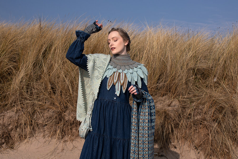 The Sulaire Shawl, Lapwing Collar, Ripple Wrap and Hirta Gloves patterncard kit designs by Alice Starmore in Hebridean 2 Ply yarn