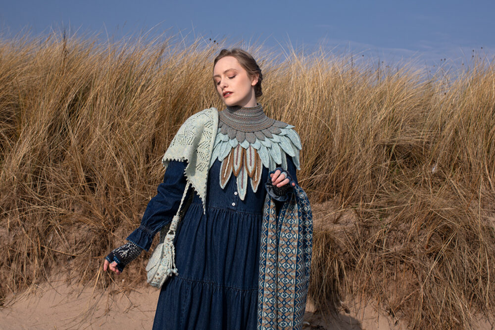 The Sulaire Shawl, Lapwing Collar, Ripple Wrap and Hirta Gloves patterncard kit designs by Alice Starmore in Hebridean 2 Ply yarn