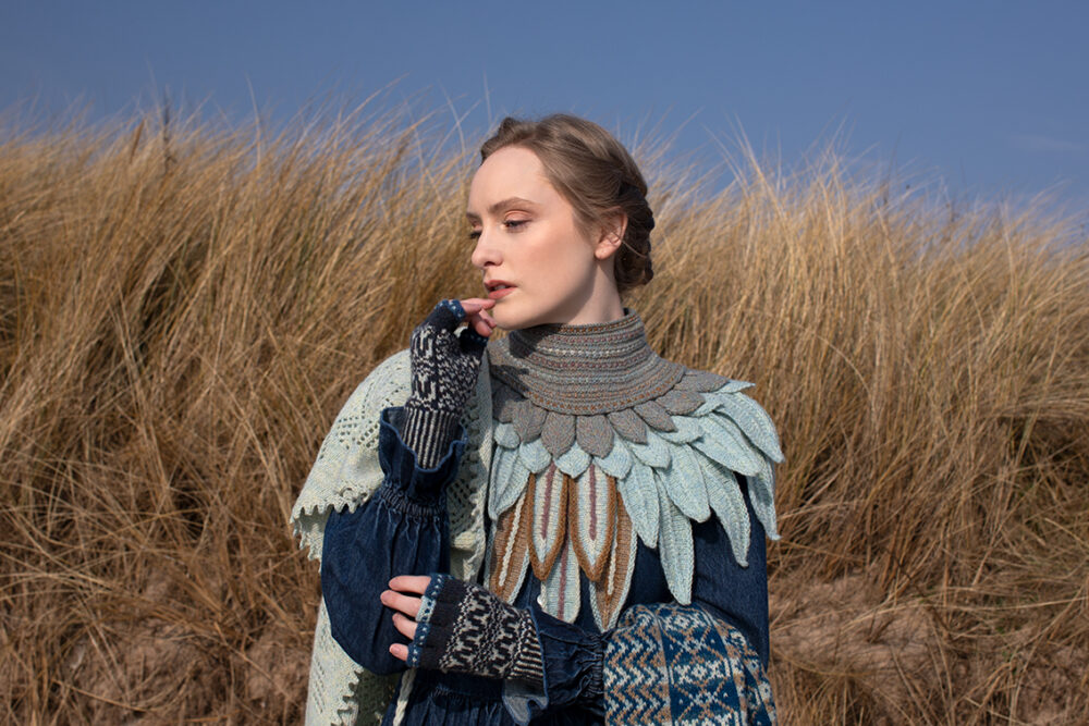 The Sulaire Shawl, Lapwing Collar, Ripple Wrap and Hirta Gloves patterncard kit designs by Alice Starmore in Hebridean 2 Ply yarn