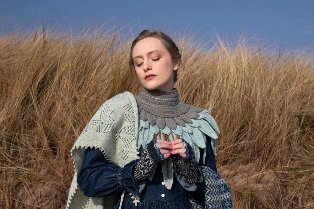 The Sulaire Shawl, Lapwing Collar, Ripple Wrap and Hirta Gloves patterncard kit designs by Alice Starmore in Hebridean 2 Ply yarn