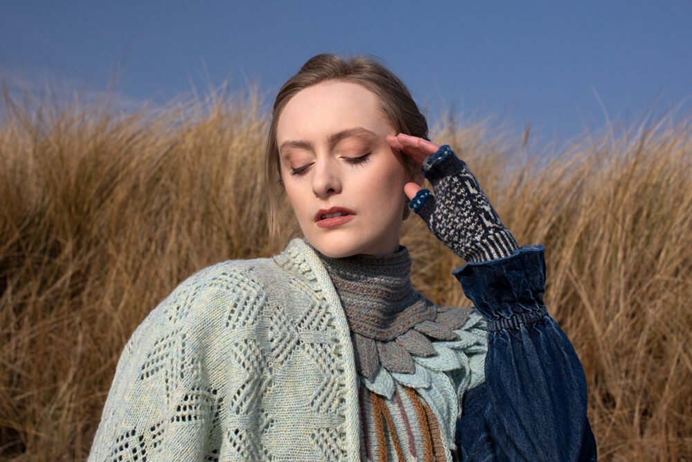 The Sulaire Shawl, Lapwing Collar and Hirta Gloves patterncard kit designs by Alice Starmore in Hebridean 2 Ply yarn