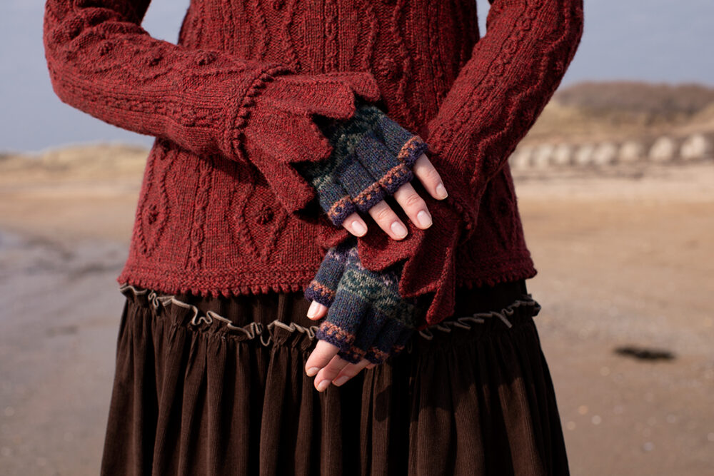 The Sea Anemone Pullover and Greeta Hat Set patterncard kit designs by Alice Starmore in Hebridean 2 Ply
