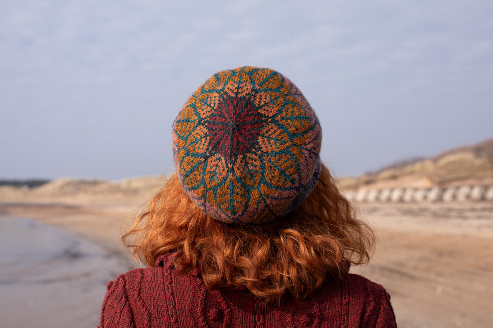 The Sea Anemone Pullover and Greeta Hat Set patterncard kit designs by Alice Starmore in Hebridean 2 Ply