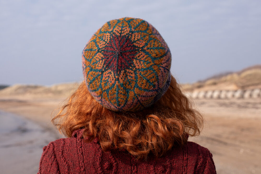 The Sea Anemone Pullover and Greeta Hat Set patterncard kit designs by Alice Starmore in Hebridean 2 Ply