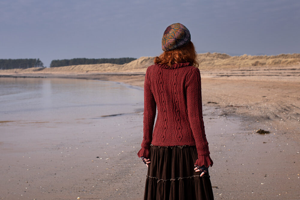 The Sea Anemone Pullover and Greeta Hat Set patterncard kit designs by Alice Starmore in Hebridean 2 Ply