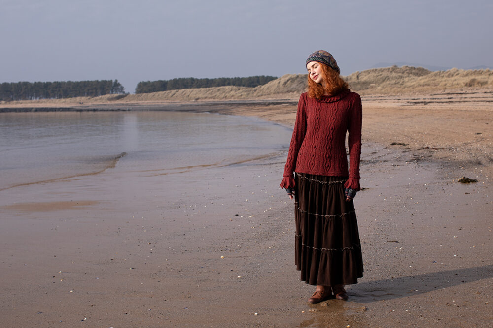 The Sea Anemone Pullover and Greeta Hat Set patterncard kit designs by Alice Starmore in Hebridean 2 Ply