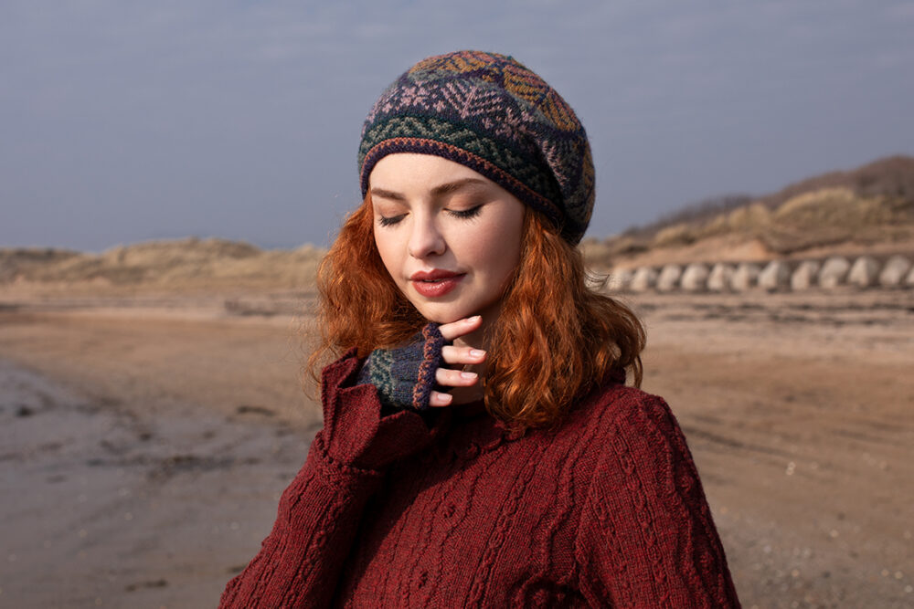 The Sea Anemone Pullover and Greeta Hat Set patterncard kit designs by Alice Starmore in Hebridean 2 Ply