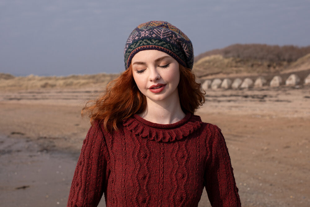 The Sea Anemone Pullover and Greeta Hat Set patterncard kit designs by Alice Starmore in Hebridean 2 Ply