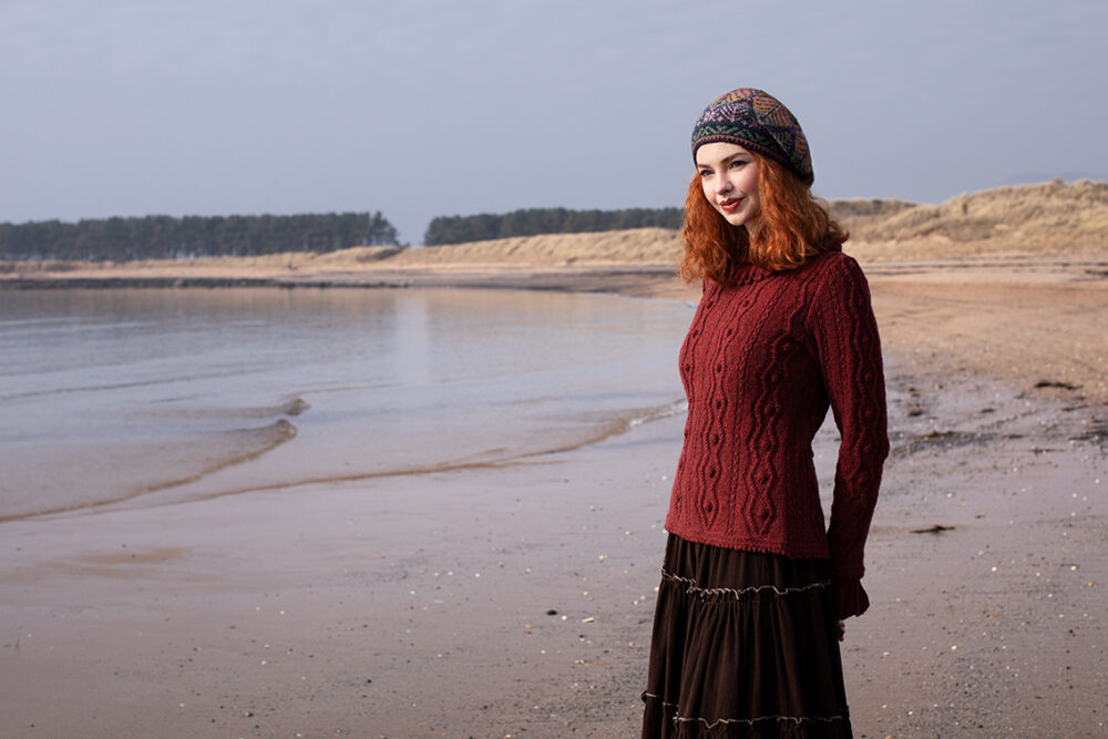 The Sea Anemone Pullover and Greeta Hat Set patterncard kit designs by Alice Starmore in Hebridean 2 Ply