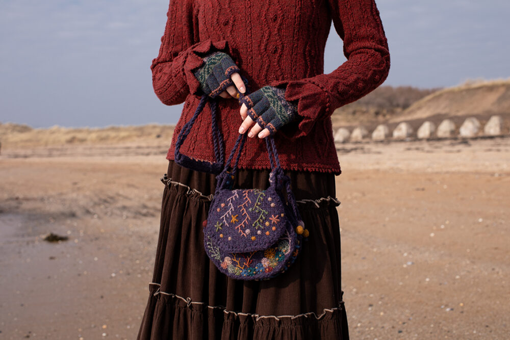 The Sea Anemone Pullover and Greeta Hat Set patterncard kit designs and Sporran Bag from Creative Course 3 by Alice Starmore in Hebridean 2 Ply