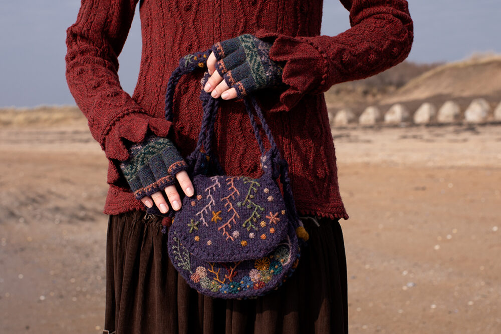 The Sea Anemone Pullover and Greeta Hat Set patterncard kit designs and Sporran Bag from Creative Course 3 by Alice Starmore in Hebridean 2 Ply