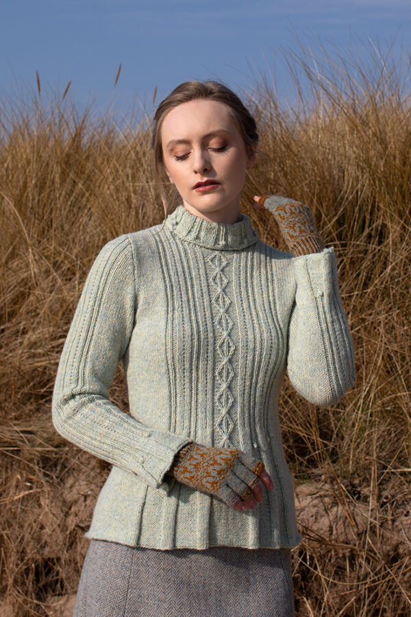 The Strathspey pullover and Hirta Hat Set patterncard kit designs by Alice Starmore in Hebridean 2 & 3 Ply