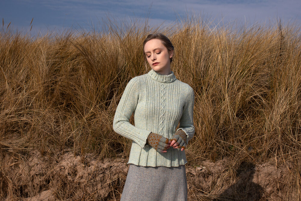 The Strathspey pullover and Hirta Hat Set patterncard kit designs by Alice Starmore in Hebridean 2 & 3 Ply