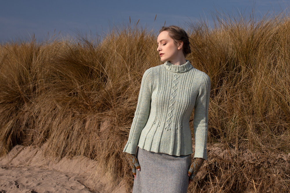 The Strathspey pullover and Hirta Hat Set patterncard kit designs by Alice Starmore in Hebridean 2 & 3 Ply