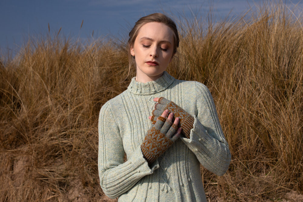 The Strathspey pullover and Hirta Hat Set patterncard kit designs by Alice Starmore in Hebridean 2 & 3 Ply