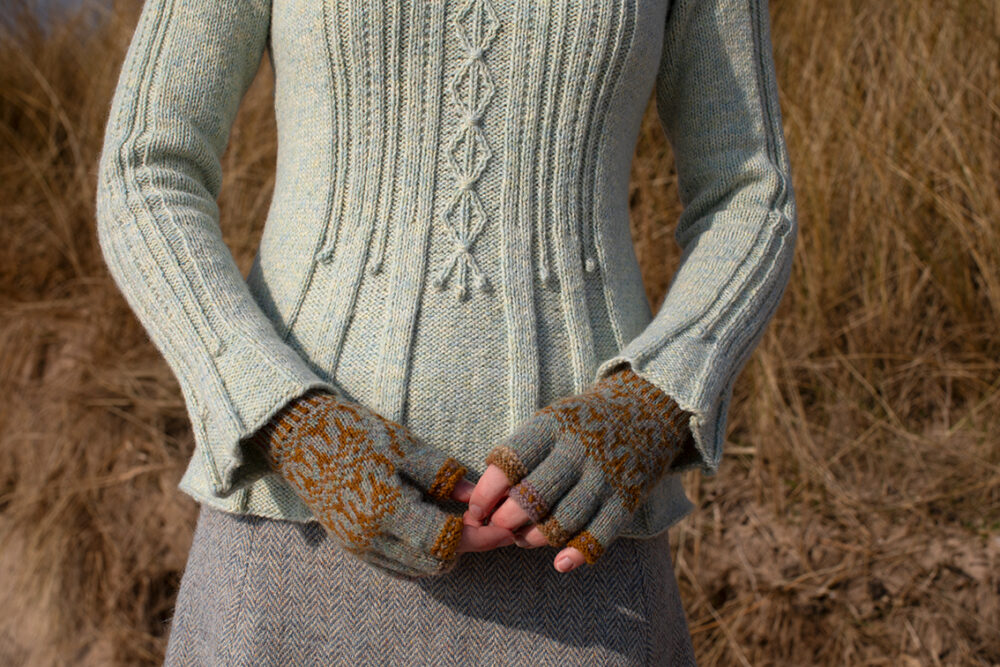 The Strathspey pullover and Hirta Hat Set patterncard kit designs by Alice Starmore in Hebridean 2 & 3 Ply