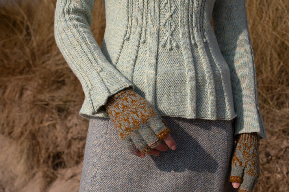 The Strathspey pullover and Hirta Hat Set patterncard kit designs by Alice Starmore in Hebridean 2 & 3 Ply