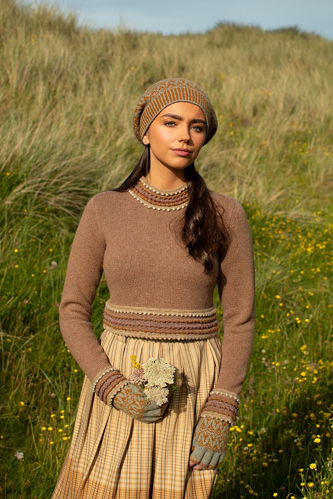 The Otter pullover and Hirta Hat Set patterncard kit designs by Alice and Jade Starmore in Hebridean 2 Ply