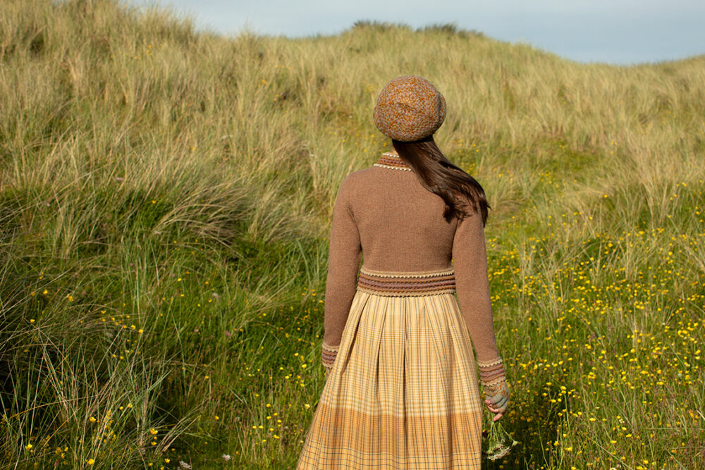 The Otter pullover and Hirta Hat Set patterncard kit designs by Alice and Jade Starmore in Hebridean 2 Ply