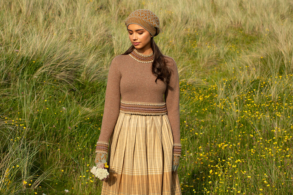 The Otter pullover and Hirta Hat Set patterncard kit designs by Alice and Jade Starmore in Hebridean 2 Ply
