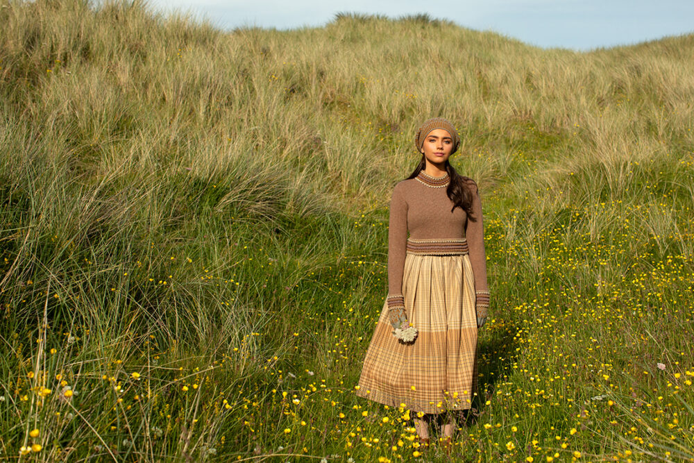 The Otter pullover and Hirta Hat Set patterncard kit designs by Alice and Jade Starmore in Hebridean 2 Ply