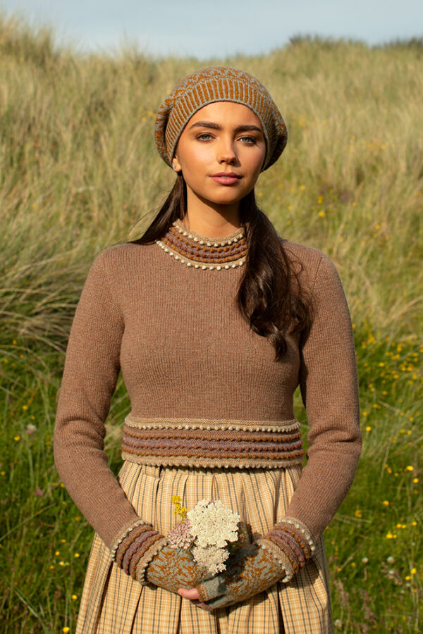 The Otter pullover and Hirta Hat Set patterncard kit designs by Alice and Jade Starmore in Hebridean 2 Ply