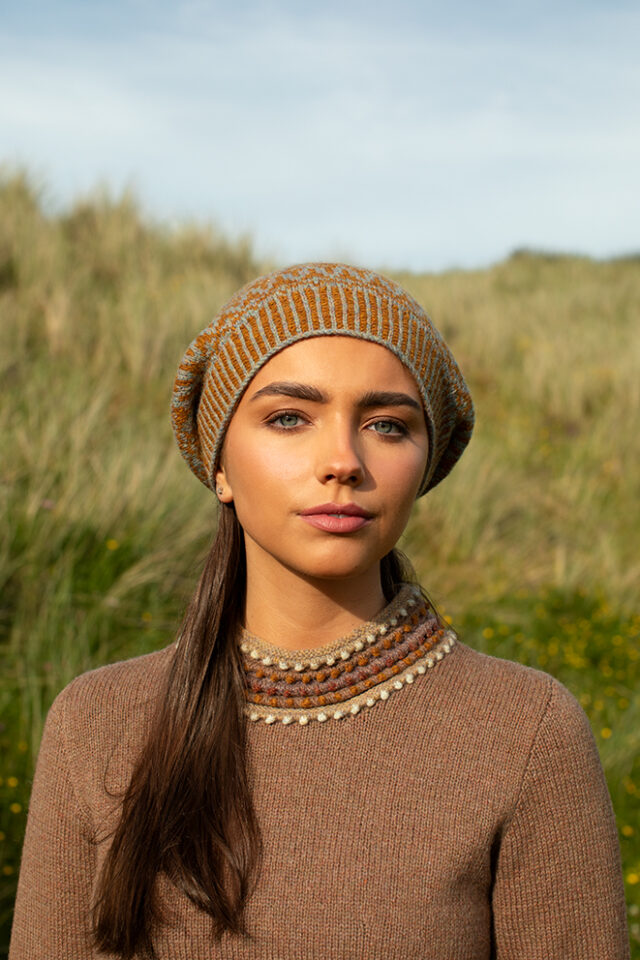 The Otter pullover and Hirta Hat Set patterncard kit designs by Alice and Jade Starmore in Hebridean 2 Ply