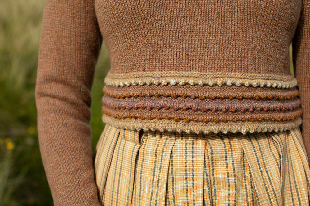 The Otter pullover and Hirta Hat Set patterncard kit designs by Alice and Jade Starmore in Hebridean 2 Ply