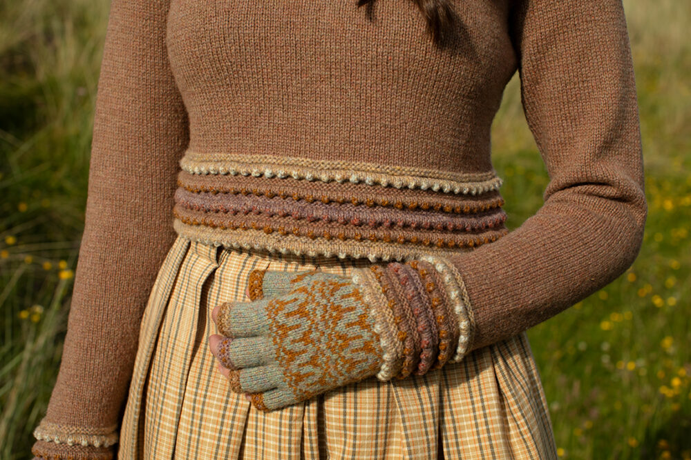 The Otter pullover and Hirta Hat Set patterncard kit designs by Alice and Jade Starmore in Hebridean 2 Ply