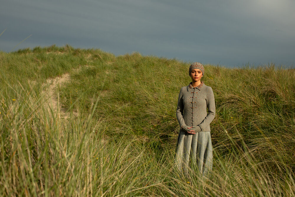 The Mountain Hare Jacket and Hat patterncard kit design by Alice Starmore in Hebridean 2 Ply