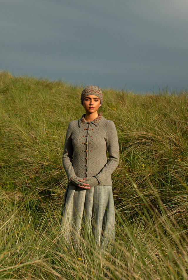 The Mountain Hare Jacket and Hat patterncard kit design by Alice Starmore in Hebridean 2 Ply
