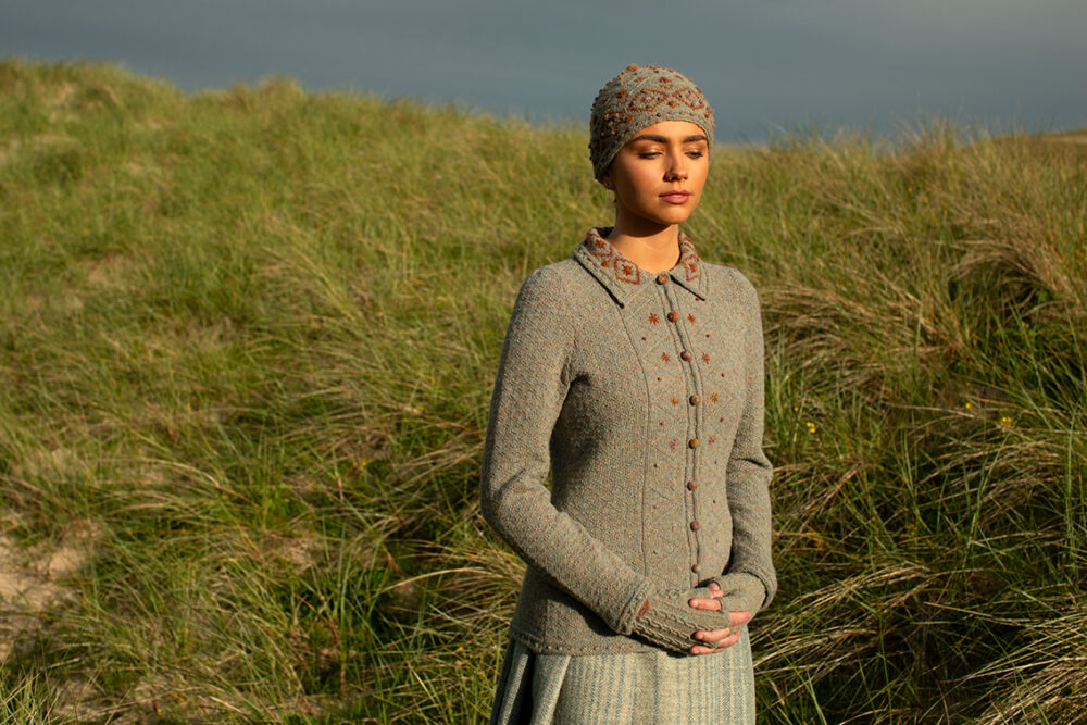 The Mountain Hare Jacket and Hat patterncard kit design by Alice Starmore in Hebridean 2 Ply