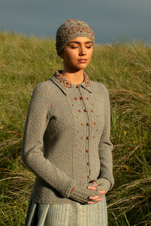 The Mountain Hare Jacket and Hat patterncard kit design by Alice Starmore in Hebridean 2 Ply