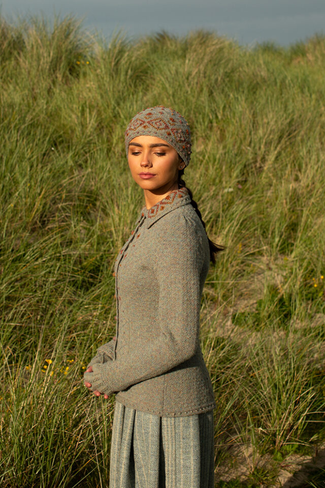 The Mountain Hare Jacket and Hat patterncard kit design by Alice Starmore in Hebridean 2 Ply