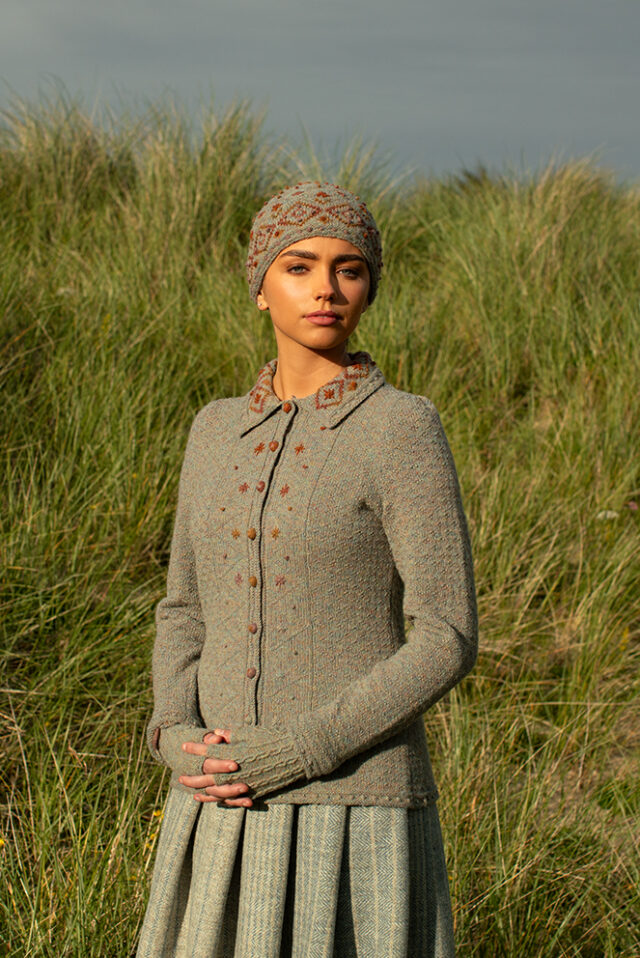 The Mountain Hare Jacket and Hat patterncard kit design by Alice Starmore in Hebridean 2 Ply