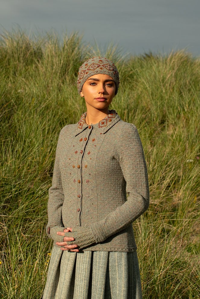 The Mountain Hare Jacket and Hat patterncard kit design by Alice Starmore in Hebridean 2 Ply