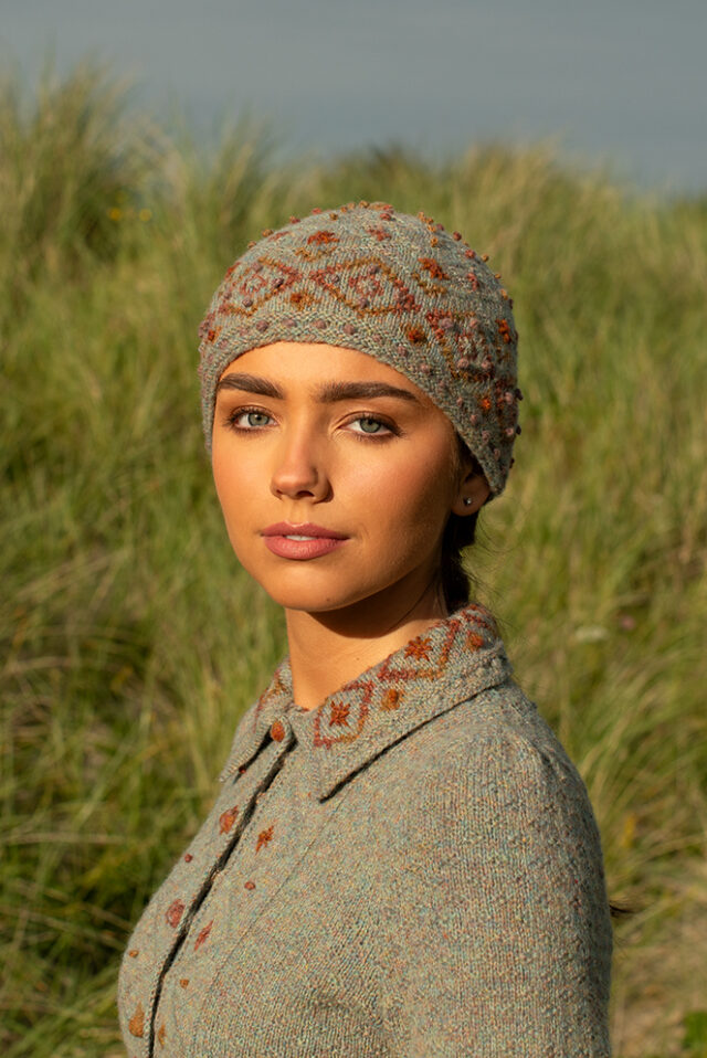 The Mountain Hare Jacket and Hat patterncard kit design by Alice Starmore in Hebridean 2 Ply