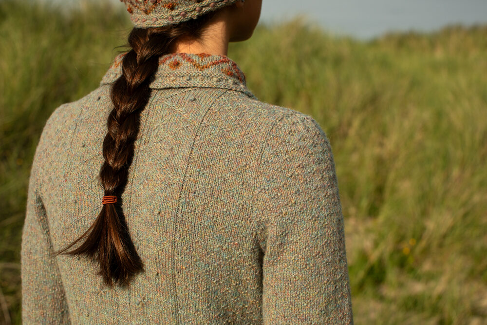 The Mountain Hare Jacket and Hat patterncard kit design by Alice Starmore in Hebridean 2 Ply