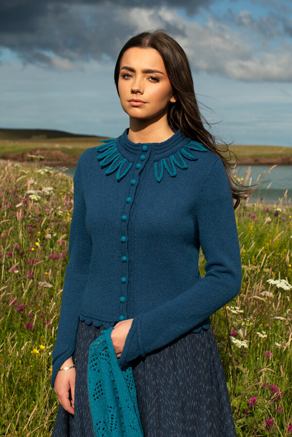 The Raven Cardigan patterncard kit design by Alice Starmore in Hebridean 2 Ply