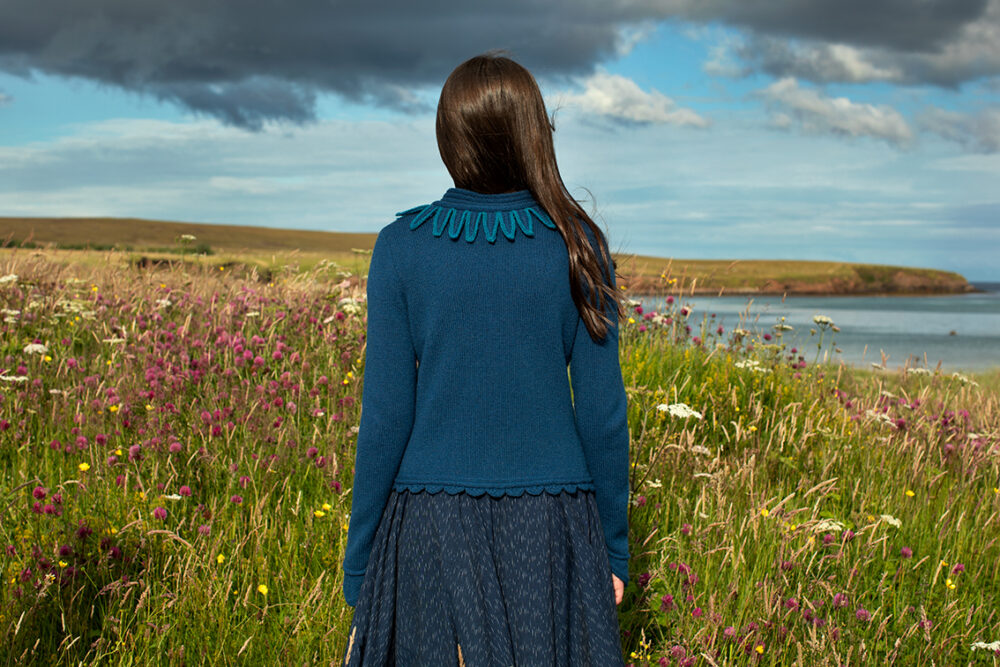 The Raven Cardigan patterncard kit design by Alice Starmore in Hebridean 2 Ply