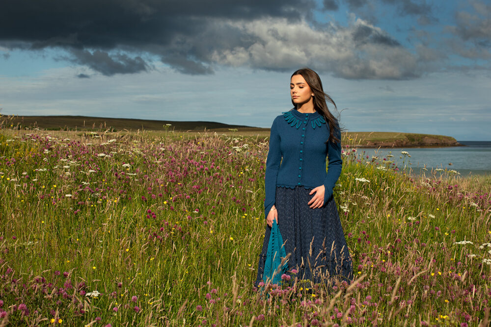 The Raven Cardigan patterncard kit design by Alice Starmore in Hebridean 2 Ply