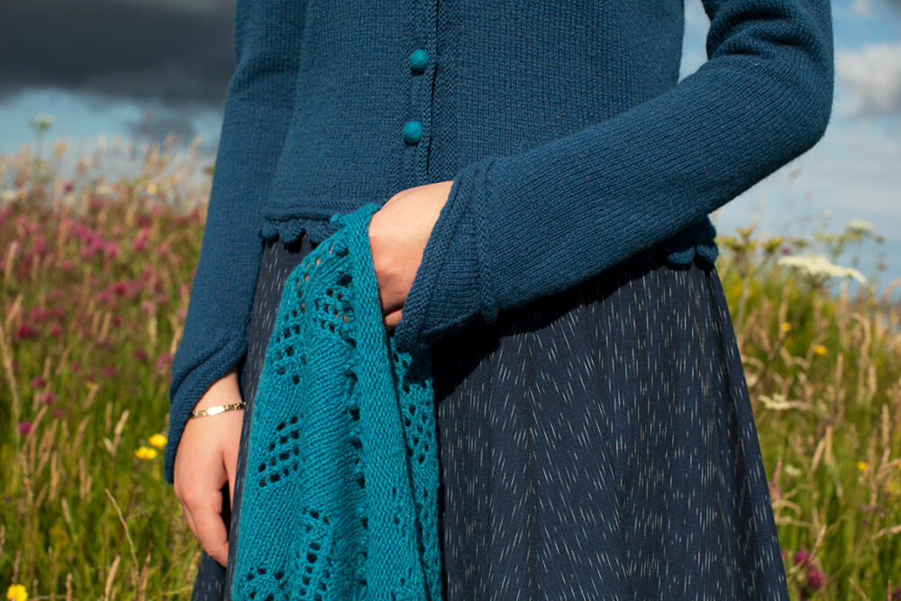 The Raven Cardigan patterncard kit design by Alice Starmore in Hebridean 2 Ply