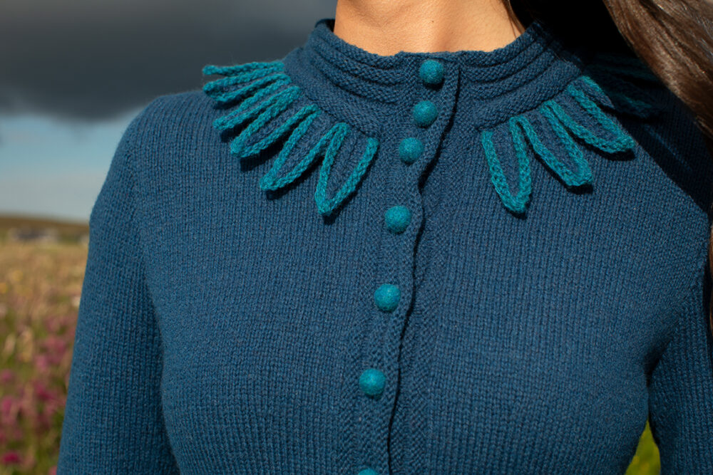 The Raven Cardigan patterncard kit design by Alice Starmore in Hebridean 2 Ply