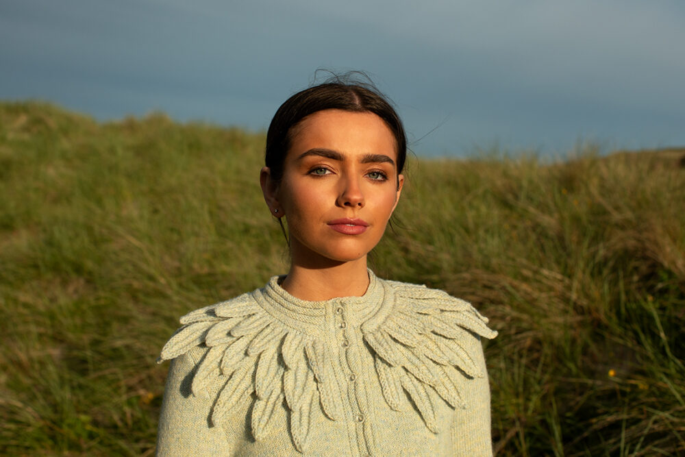 The Raven Cardigan patterncard kit design by Alice Starmore in Hebridean 2 Ply
