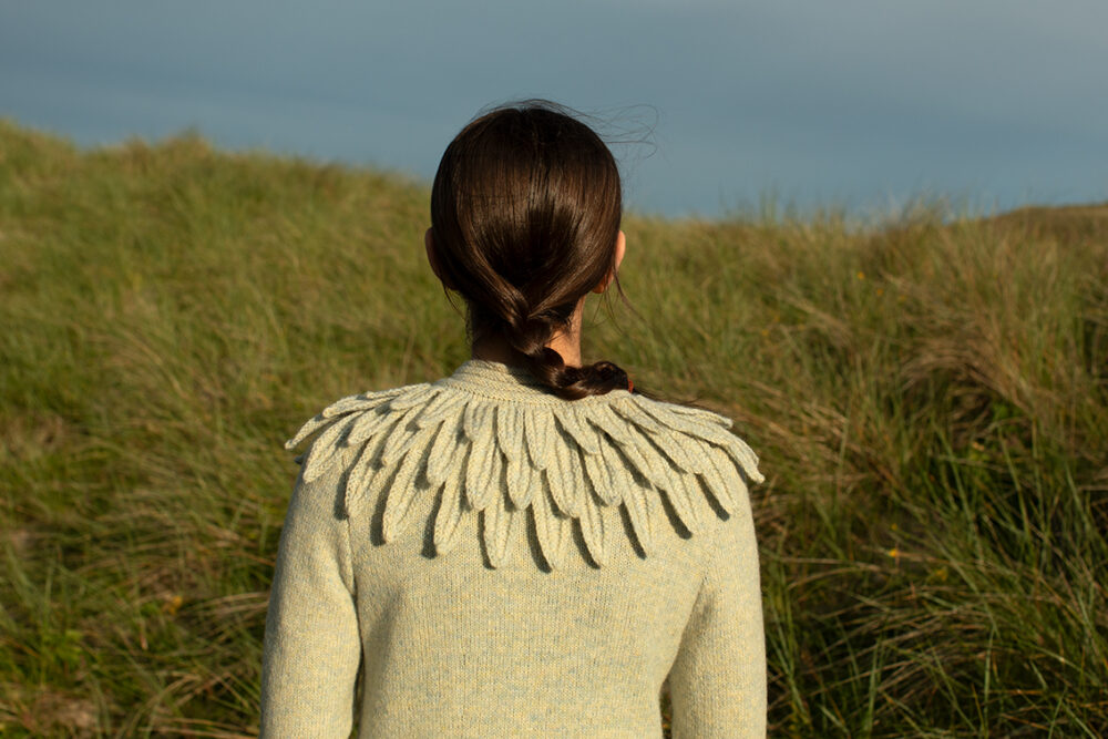 The Raven Cardigan patterncard kit design by Alice Starmore in Hebridean 2 Ply