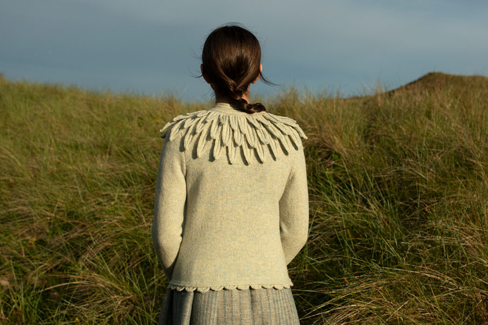 The Raven Cardigan patterncard kit design by Alice Starmore in Hebridean 2 Ply
