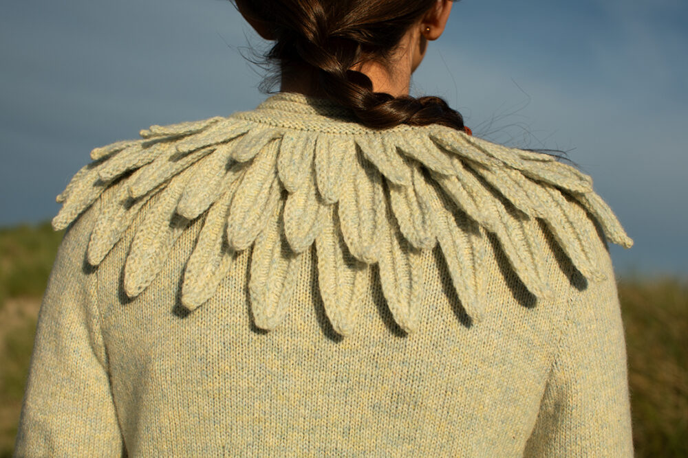 The Raven Cardigan patterncard kit design by Alice Starmore in Hebridean 2 Ply