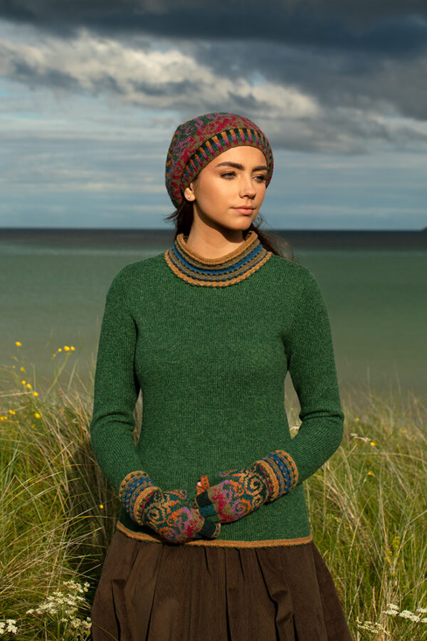 The Otter pullover and Firebirds Hat Set patterncard kit designs by Jade Starmore in Hebridean 2 Ply